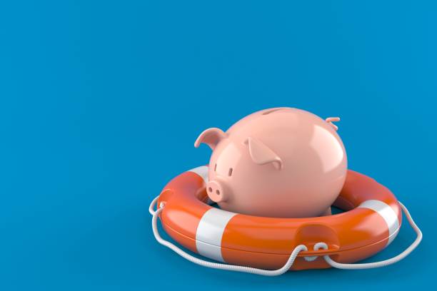 Piggy bank with life buoy isolated on blue background