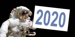 Astronaut in space holding a 2020 white board 