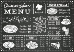 A full vector template Chalkboard menu for restaurant and snack bars with grunge elements