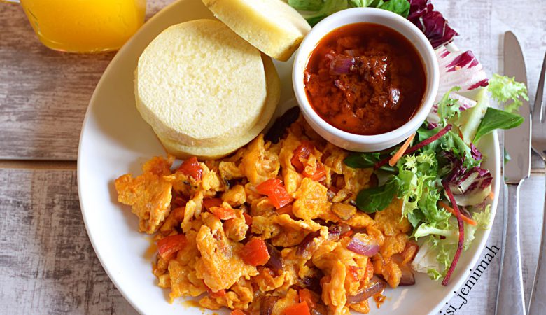 A plate of yam and egg sauce