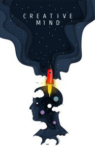 Human head silhouette with night starry sky, rocket and planets.