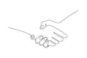 Handshake gesture in continuous line drawing style. Partnership and agreement sign black line sketch on white background. 