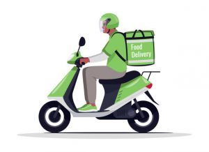 Delivery man in helmet and green uniform isolated cartoon character on white background