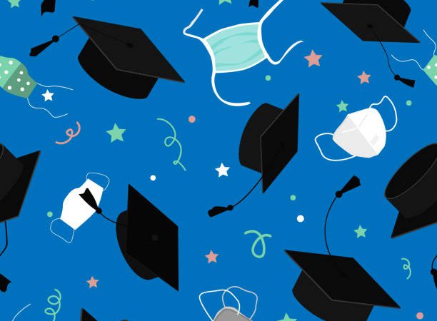 Funny graduation seamless pattern with graduation caps, and medical masks in the air.