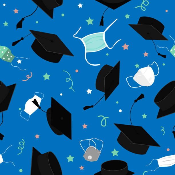 Funny graduation seamless pattern with graduation caps, and medical masks in the air.