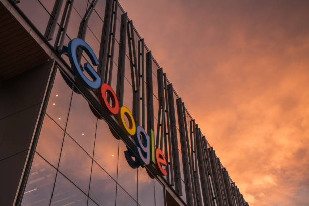 The entrance sign to the new Google building in the south lake union area at sunset.