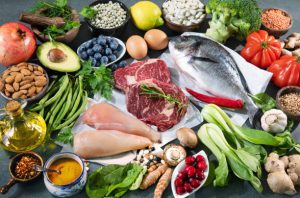 Superfoods, meat, fish, legumes, nuts, seeds, greens and vegetables