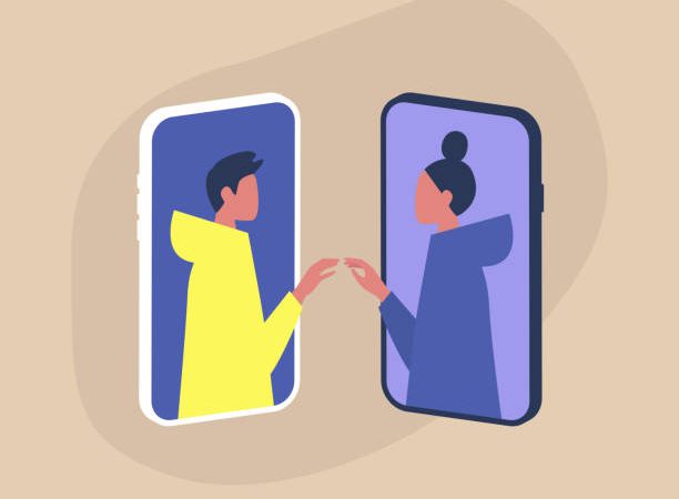 Modern dating service, two characters touching each other's hands through the smartphone screens