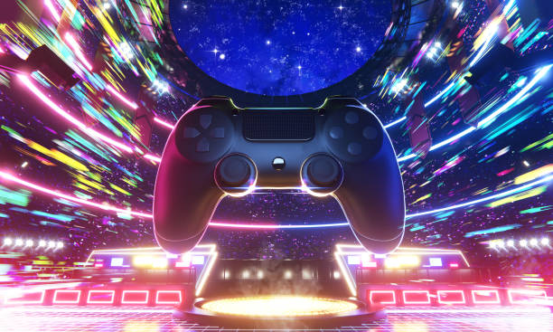 E-sport arena and video game controller in the speed of colorful light